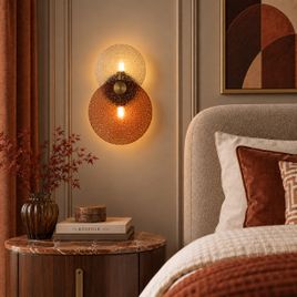 Art Deco wandlamp donker brons met amber glas 2-lichts - Text
