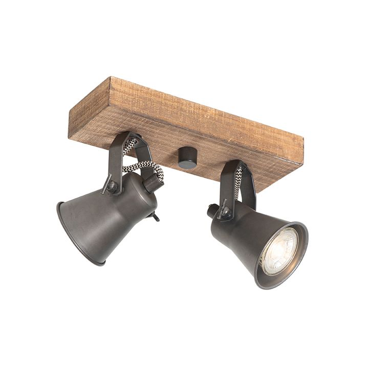 Rustikaler Strahler schwarz mit Holz 2-Licht verstellbar - Jelle
