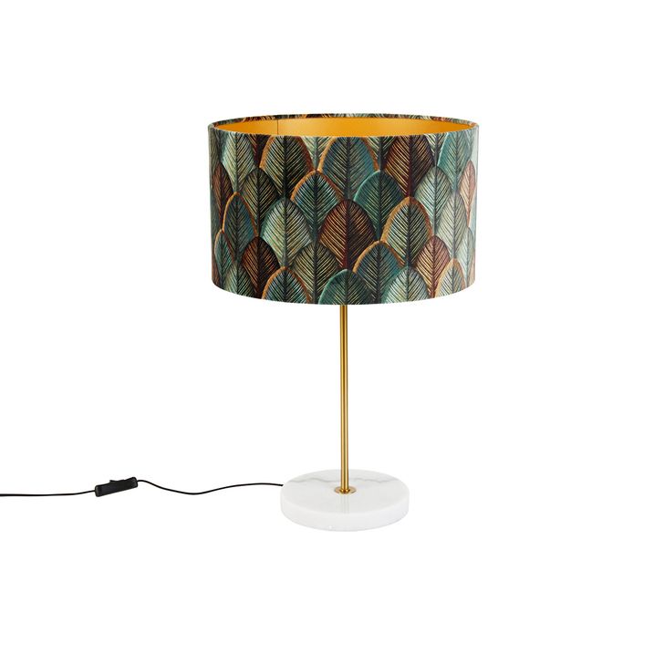 Candeeiro de Mesa em Latão com Abajur de Veludo, Design Folha e Interior Dourado - Kaso