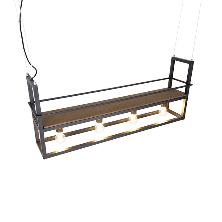 Industrijski luster crne boje sa drvetom i policom 4-svetla - Cage Rack