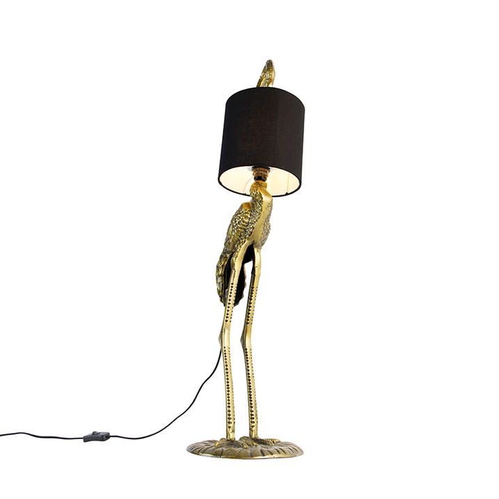Vintage stojací lampa mosazný textilní stínidlo černé - Animal Crane