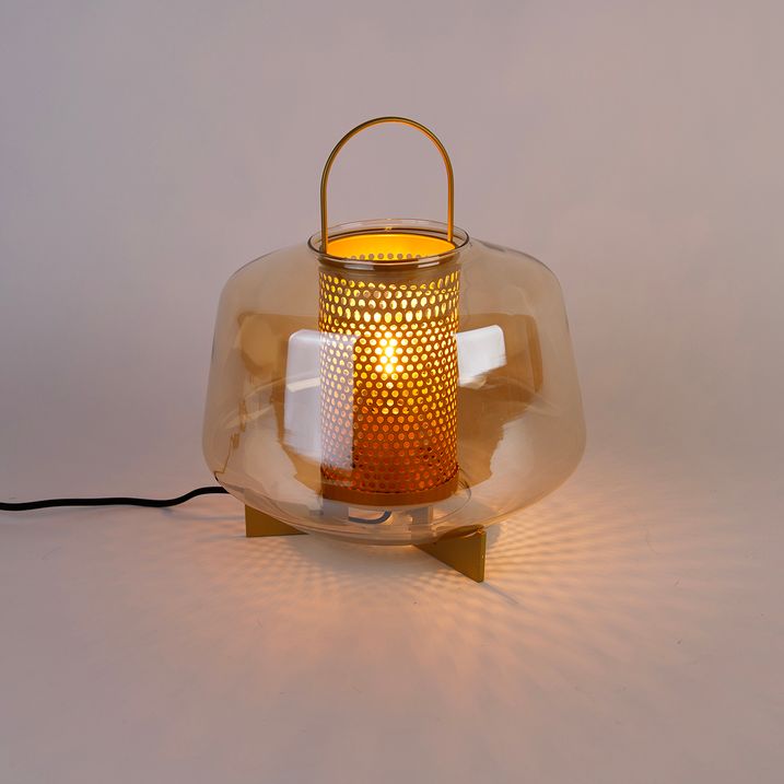 Lampă de masă Art Deco aurie cu sticlă chihlimbar 30 cm - Kevin