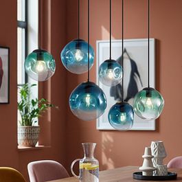 Art Deco viseća lampa crna sa ovalnom plafonskom pločom i zelenim i plavim staklom 6-svetla - Douglass