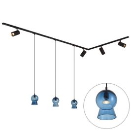 Modern railsysteem zwart met 4 spots en 3 hanglampen blauw 1-fase - Iconic Bell Jeana Luxe
