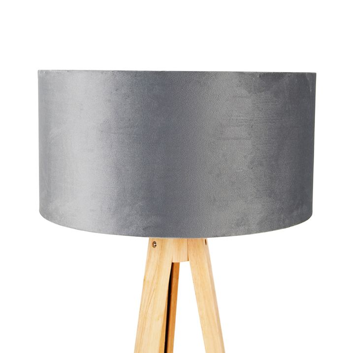 Stojací lampa dřevěná s šedým látkovým stínidlem 50 cm - Tripod Classic