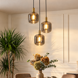Design Hänglampa Svart med Guld och Rökglas 3-ljus - Zuzanna