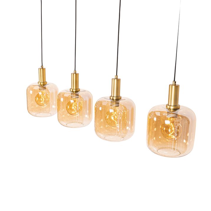 Candeeiro de suspensão design preto com latão e vidro âmbar 4-luzes - Zuzanna