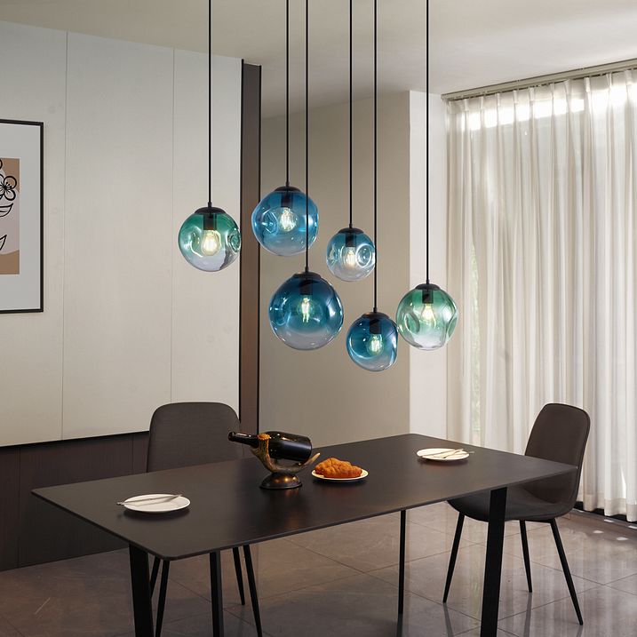 Art Deco viseća lampa crna sa ovalnom plafonskom pločom i zelenim i plavim staklom 6-svetla - Douglass