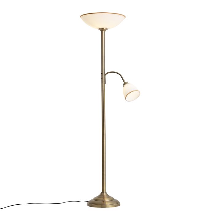 Klasyczna lampa podłogowa brązowa ze szkłem opalowym 2-źródła światła - Katarina