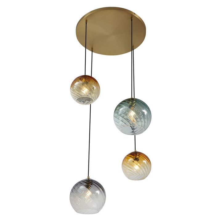 Lampa wisząca brązowa z dymionym bursztynowym i zielonym szkłem okrągła 4-punktowa - Bao