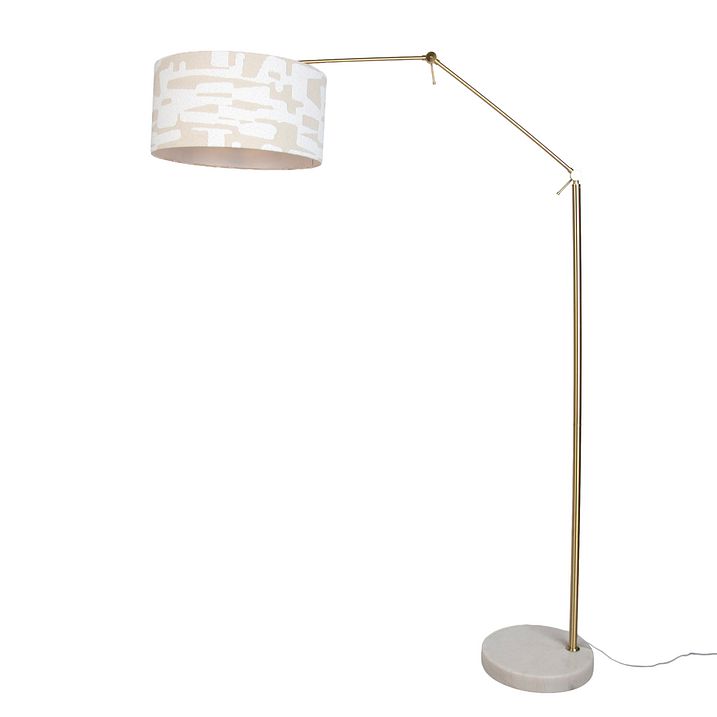 Stojacia lampa zlatá nastaviteľná s bielym a béžovým pruhovaným tienidlom 50 cm - Editor