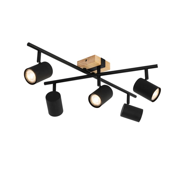 Plafonnier noir avec bois 5 lumières réglables rectangulaires - Jeana
