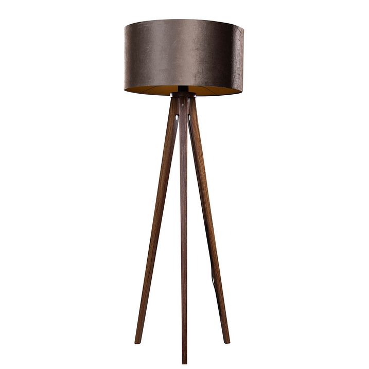 Podna lampa na tronošcu od orahovog drveta sa braon plišanom abažurom 50cm - Tripod Classic