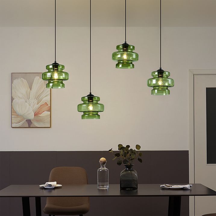 Suspension rétro noire avec verre vert 4 lumières - Denise