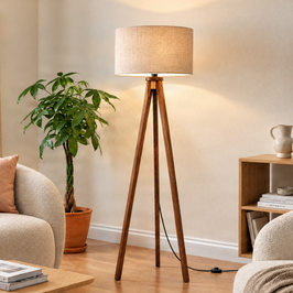 Nowoczesna-lampa-podłogowa-drewno-orzechowe-z-beżowym-abażurem-bouclé-50cm---Tripod-Classic