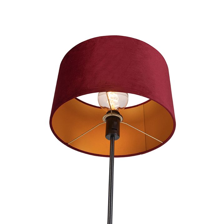 Gulvlampe sort med rød fløyelslampeskjerm med gull 35 cm - Parte