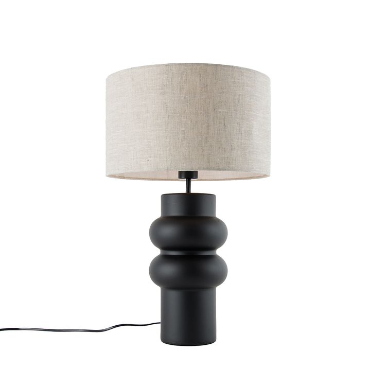 Designerska lampa stołowa czarna z abażurem z tkaniny w kolorze jasnoszarym 35 cm - Alisia