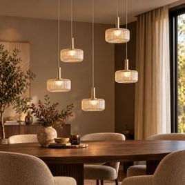 Lámpara colgante de diseño oro rosa con cristal ámbar incl. LED regulable en 3 pasos 5 luces Easylift - Fiera