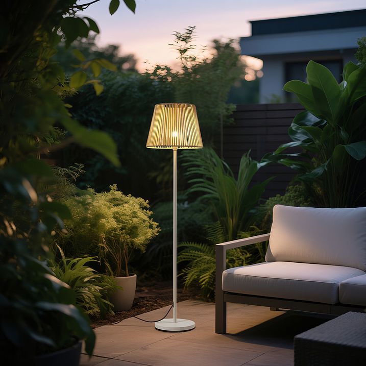 Venkovní stojací lampa bílá s béžovým lanovým stínidlem IP44 - Virginia Jayla