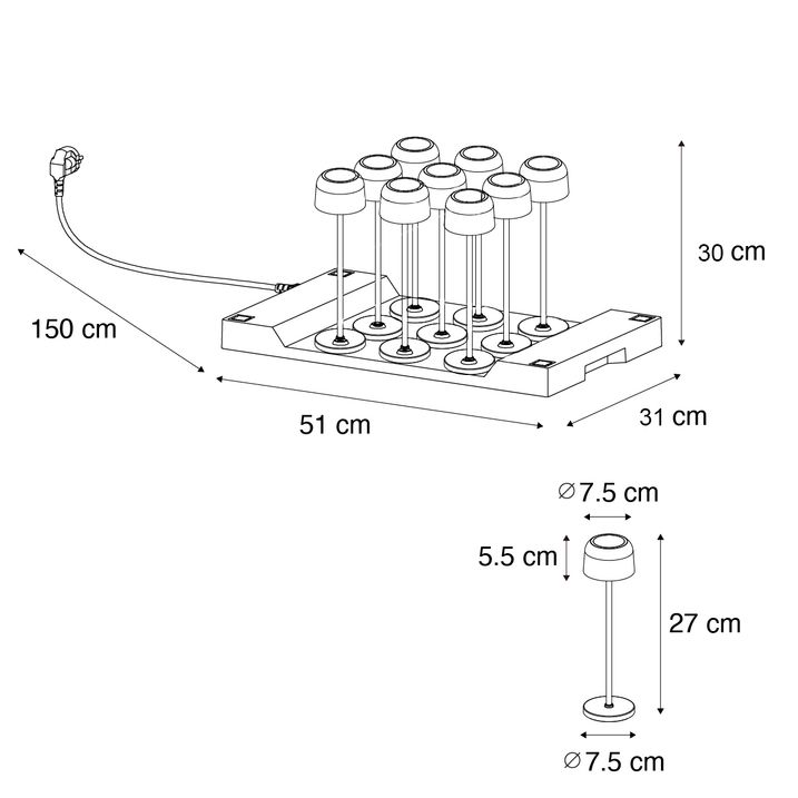 Set de 9 lámparas de mesa recargables en forma de hongo dorado con estación de carga - Raika
