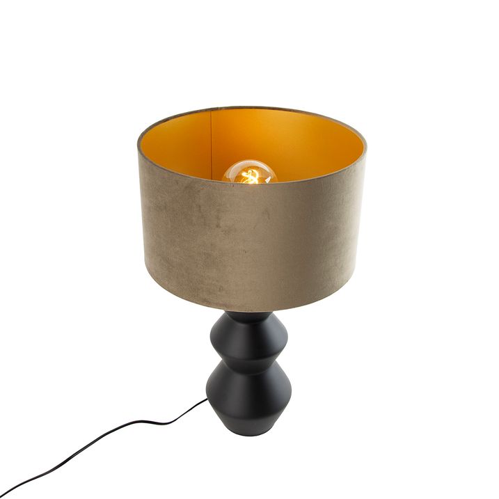 Design Table Lamp Black Velvet Shade Taupe with Gold 35 cm - Alisia