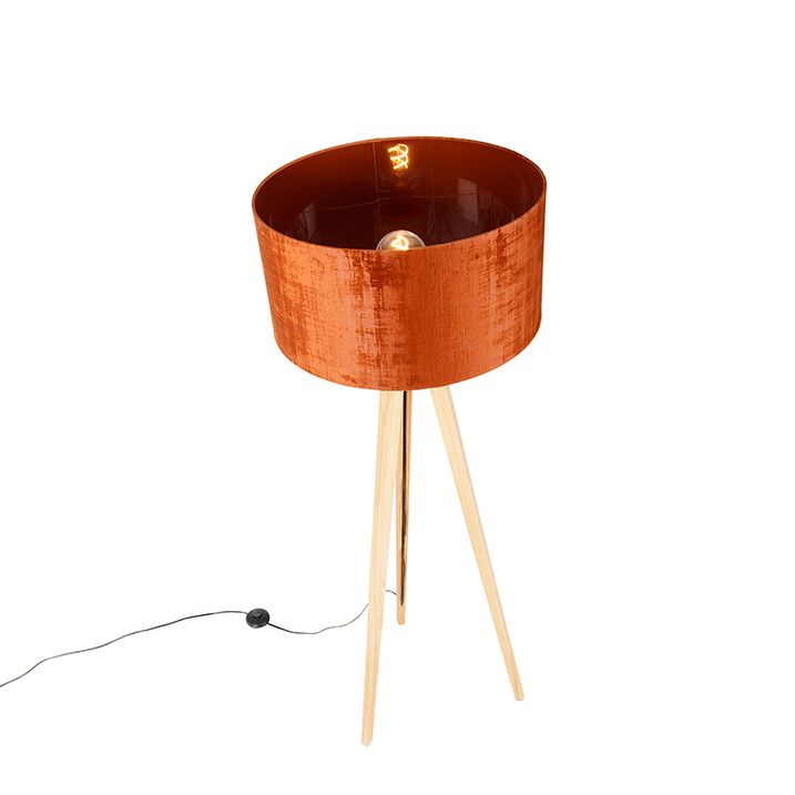 Stojací lampa dřevěná s oranžovým látkovým stínítkem 50 cm - Tripod Classic