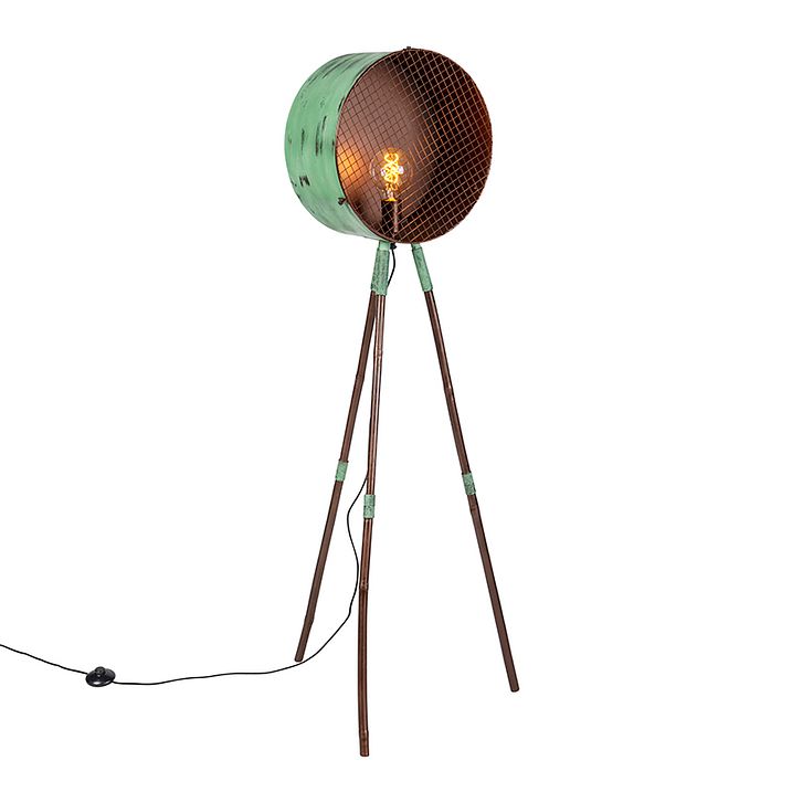 Vintage Floor Lamp on Bamboo Tripod Green with Copper - Barrel