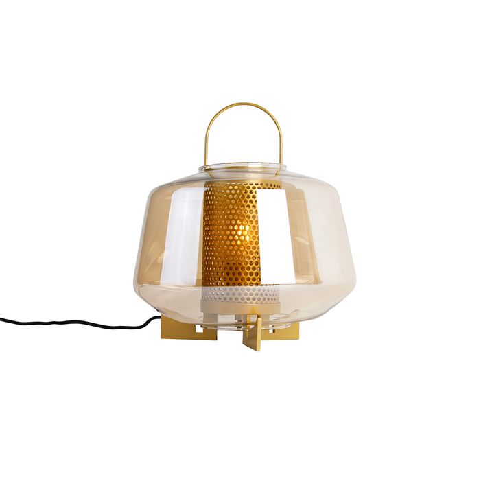 Lampă de masă Art Deco aurie cu sticlă chihlimbar 30 cm - Kevin