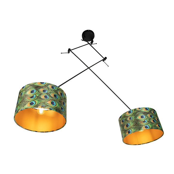 Závěsné svítidlo černé s sametovými stínidly Peacock se zlatem 35 cm 2-světlo - Blitz