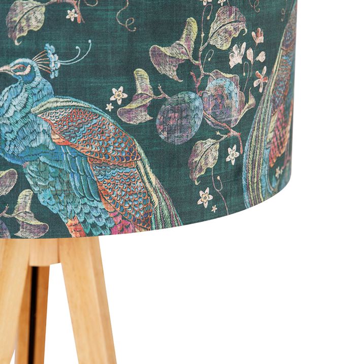 Moderní stojací lampa dřevěná s látkovým stínítkem černý páv 50 cm - Tripod Classic