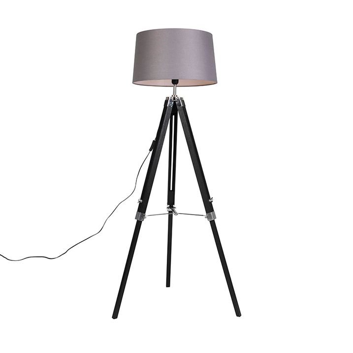 Podna lampa na tronošcu crna sa 45cm platnenim abažurom tamno sive boje