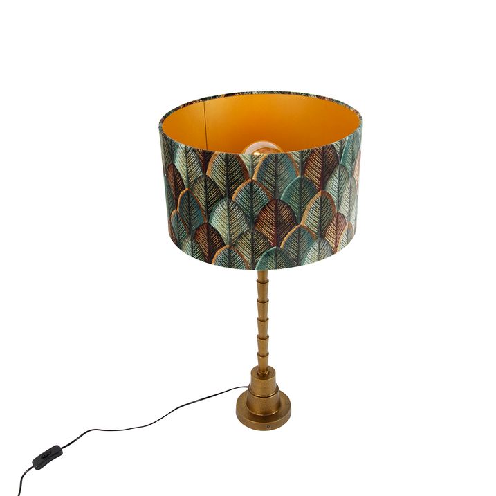 Tafellamp brons met velours lampenkap blad dessin met gouden binnenkant - Pisos