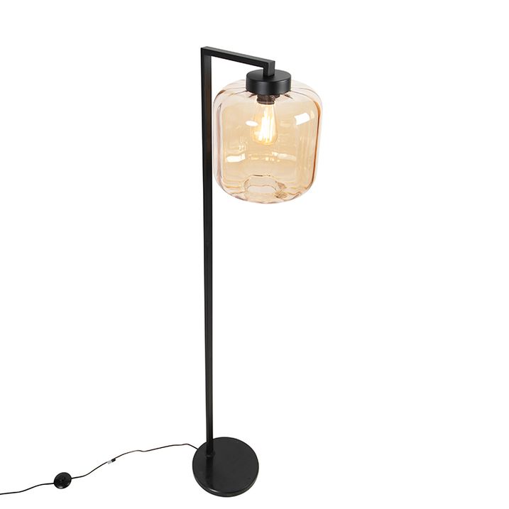 Design Floor Lamp Black with Amber Glass - Qara Down