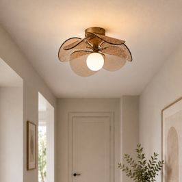 Design Ceiling Lamp Dark Bronze with Amber Ribbed Glass - Kemner