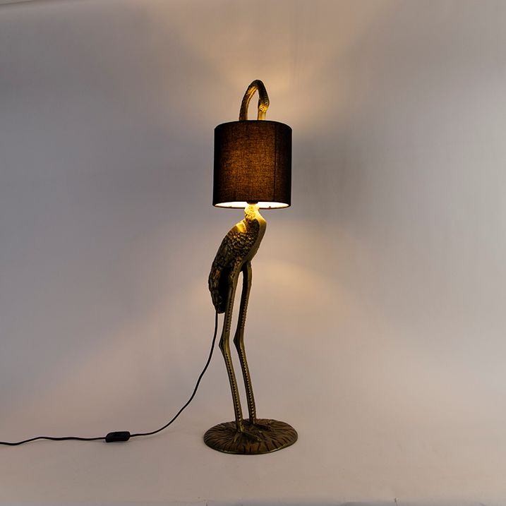 Vintage stojací lampa mosazný textilní stínidlo černé - Animal Crane