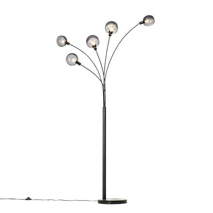 Dizajnová stojaca lampa čierna s dymovým sklom 5-svetlo - Sixties Marmo